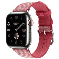 Apple Watch Hermes Series 11 42mm, клетчатый ремешок из плетеного нейлона розового цвета