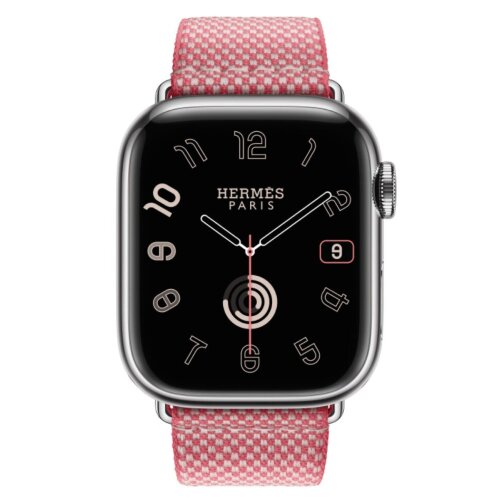 Apple Watch Hermes Series 11 42mm, клетчатый ремешок из плетеного нейлона розового цвета