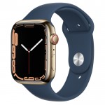 Apple Watch Series 7 45 мм, стальные золотого цвета, спортивный ремешок «Синий омут»
