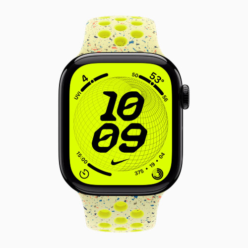 Apple Watch Series 11 42mm, Jet Black Aluminum Case with Nike Sport Band - Volt Splash