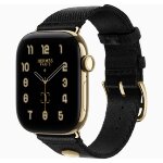 Apple Watch Hermes Series 12 42mm Radiant Gold, ремешок Clou de Selle Satin черный Noir Satin