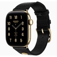 Apple Watch Hermes Series 12 42mm Radiant Gold, ремешок Clou de Selle Satin черный Noir Satin