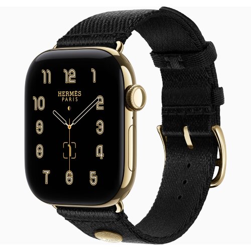 Apple Watch Hermes Series 12 42mm Radiant Gold, ремешок Clou de Selle Satin черный Noir Satin