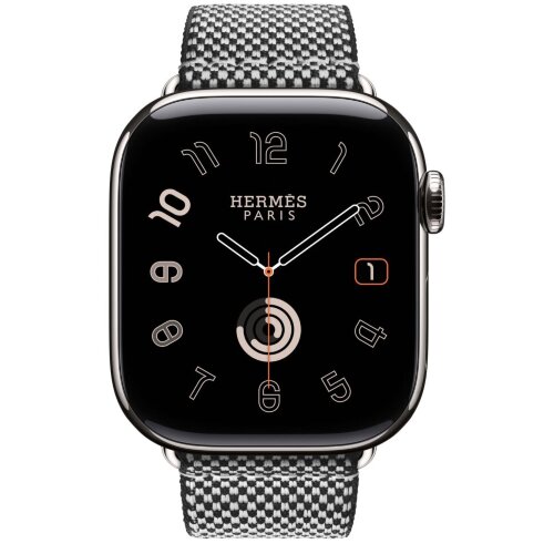 Apple Watch Hermes Series 11 42mm, клетчатый ремешок из плетеного нейлона черный с белым