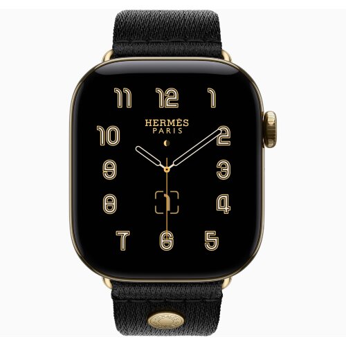 Apple Watch Hermes Series 12 46mm Radiant Gold, ремешок Clou de Selle Satin черный Noir Satin