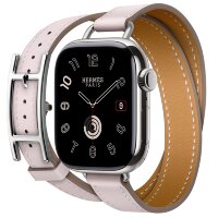 Apple Watch Hermes Series 10 42mm, двойной тонкий кожаный ремешок с пряжкой светло-розового цвета