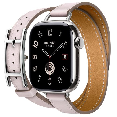 Apple Watch Hermes Series 10 42mm, двойной тонкий кожаный ремешок с пряжкой светло-розового цвета