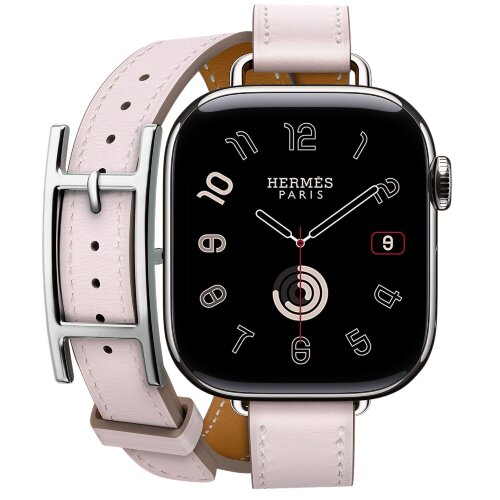 Apple Watch Hermes Series 10 42mm, двойной тонкий кожаный ремешок с пряжкой светло-розового цвета