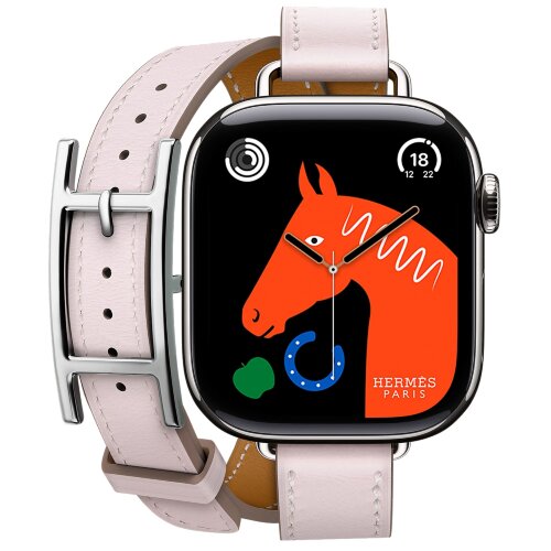 Apple Watch Hermes Series 10 42mm, двойной тонкий кожаный ремешок с пряжкой светло-розового цвета