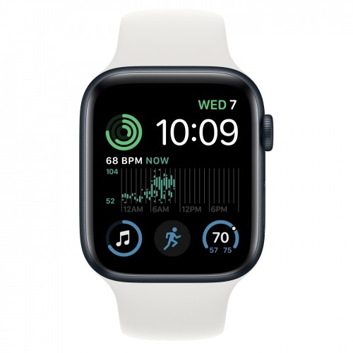 Apple Watch SE (2022) 44mm, Midnight Aluminum Case with Sport Band - White