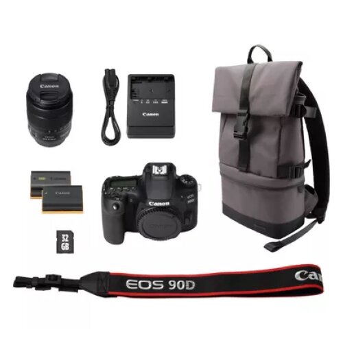 Canon EOS 90D Camera + EF-S 18-135mm IS USM Lens + Backpack + SD card + Spare Battery Kit