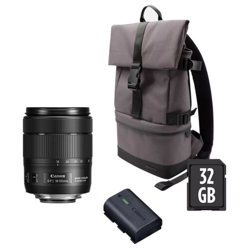 Canon EOS 90D Camera + EF-S 18-135mm IS USM Lens + Backpack + SD card + Spare Battery Kit