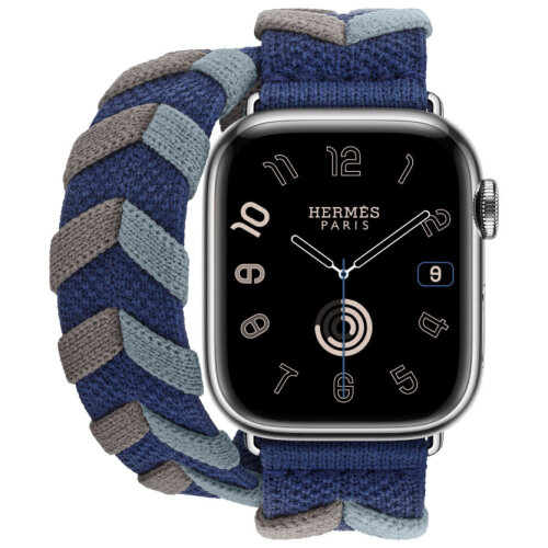 Apple Watch Hermes Series 10 42mm, двойной ремешок из трикотажa синий