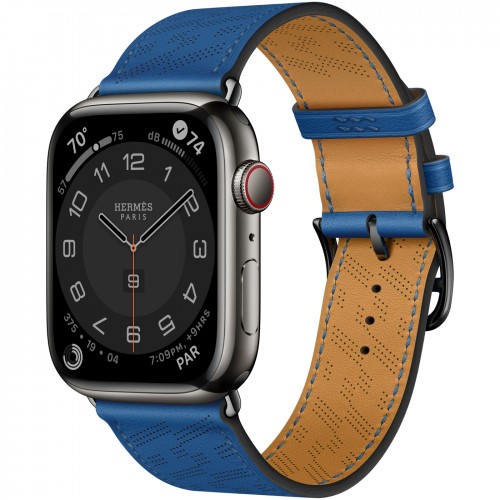 Apple Watch Series 8 Hermes 45mm, черный корпус, классический ремешок с диагональной микроперфорацией синего цвета