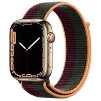 Apple Watch Series 7 45 мм, сталь золотистая, спортивный браслет «Тёмная вишня/зелёный лес»