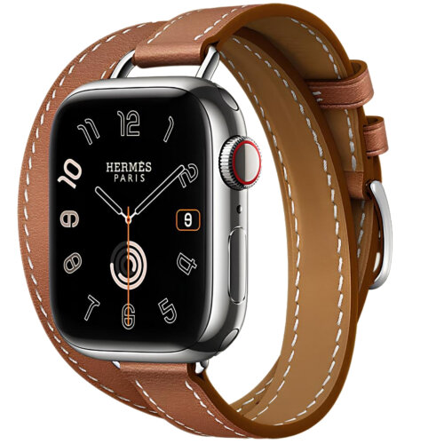 Apple Watch Hermes Series 10 42mm, двойной тонкий кожаный ремешок коричневого цвета