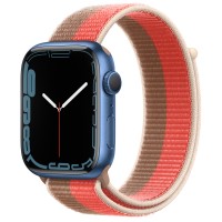 Apple Watch Series 7 45 мм, синий алюминий, спортивный браслет «Розовый помело/миндальный»