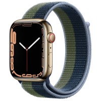 Apple Watch Series 7 45 мм, сталь золотистая, спортивный браслет «Синий омут/зелёный мох»