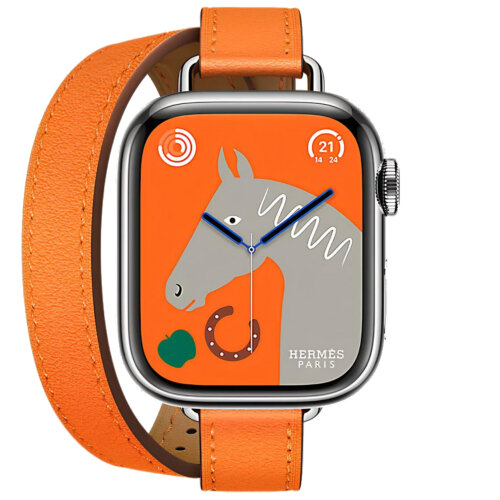 Apple Watch Hermes Series 10 42mm, двойной тонкий кожаный ремешок оранжевого цвета