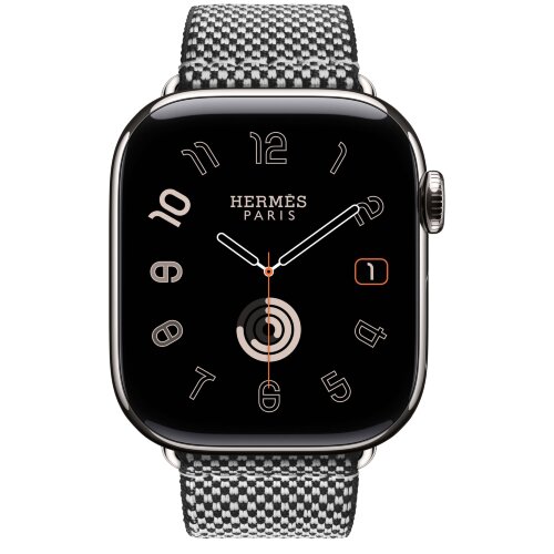 Apple Watch Hermes Series 10 42mm, клетчатый ремешок из плетеного нейлона черный с белым