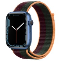 Apple Watch Series 7 45 мм, синий алюминий, спортивный браслет «Тёмная вишня/зелёный лес»