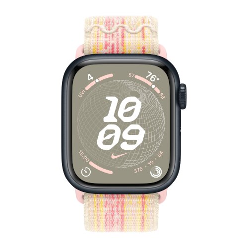 Apple Watch Series 9 45mm, Midnight Aluminum Case with Nike Sport Loop - Starlight/Pink