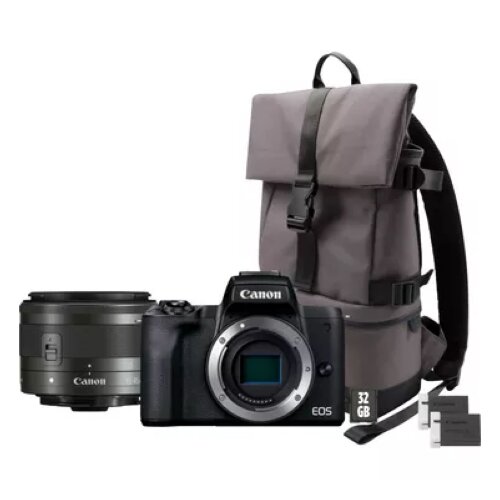 Canon EOS M50 Mark II Mirrorless Camera, Black + EF-M 15-45mm IS STM Lens + Backpack + SD Card + Spare Battery