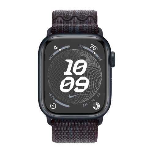 Apple Watch Series 9 45mm, Midnight Aluminum Case with Nike Sport Loop - Black/Blue