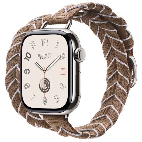 Apple Watch Hermes Series 10 42mm, двойной тонкий ремешок из плетеного нейлона бежевый с белым