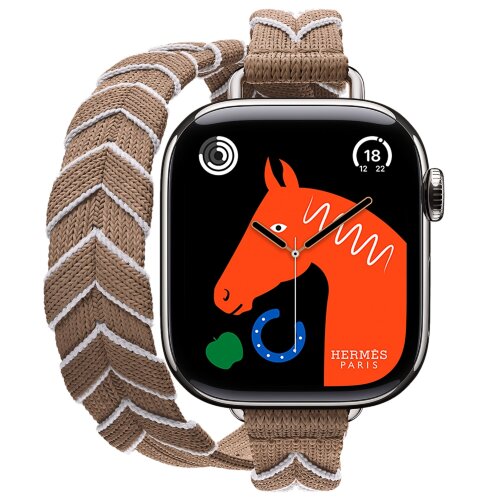 Apple Watch Hermes Series 10 42mm, двойной тонкий ремешок из плетеного нейлона бежевый с белым