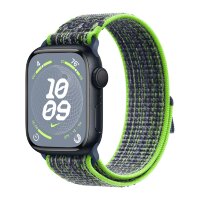 Apple Watch Series 9 45mm, Midnight Aluminum Case with Nike Sport Loop - Bright Green/Blue