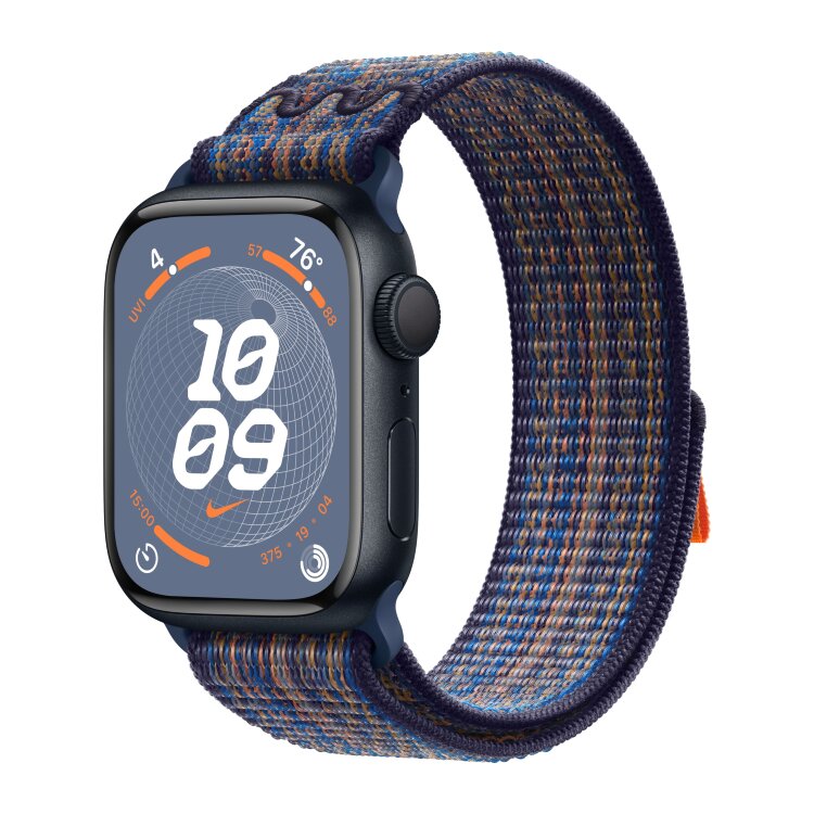 Apple Watch Series 9 45mm, Midnight Aluminum Case with Nike Sport Loop - Game Royal/Orange