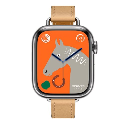 Apple Watch Hermes Series 11 42mm, тонкий кожаный ремешок песочного цвета