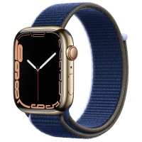 Apple Watch Series 7 45 мм, сталь золотистая, спортивный браслет «Тёмный ультрамарин»