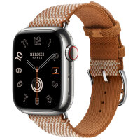 Apple Watch Hermes Series 10 42mm, клетчатый ремешок из плетеного нейлона золотой с белым