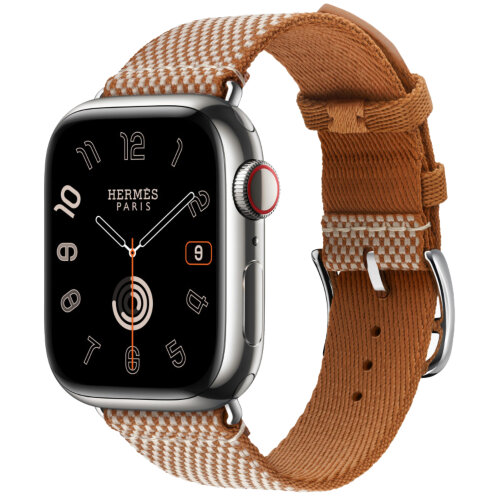 Apple Watch Hermes Series 10 42mm, клетчатый ремешок из плетеного нейлона золотой с белым