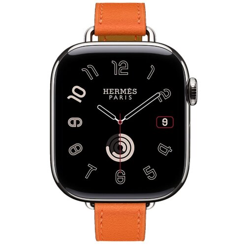 Apple Watch Hermes Series 11 42mm, тонкий кожаный ремешок темно-оранжевого цвета