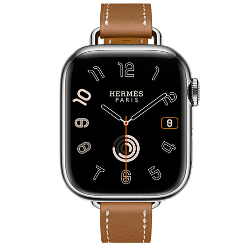 Apple Watch Hermes Series 9 41mm, тонкий кожаный ремешок коричневого цвета