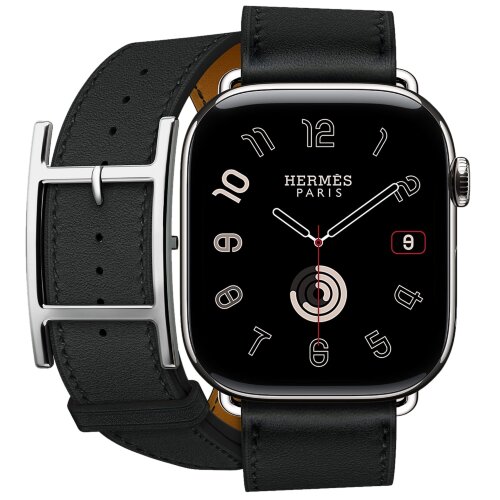 Apple Watch Hermes Series 10 46mm, двойной кожаный ремешок с пряжкой черного цвета