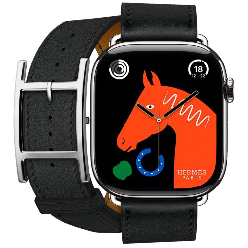 Apple Watch Hermes Series 10 46mm, двойной кожаный ремешок с пряжкой черного цвета