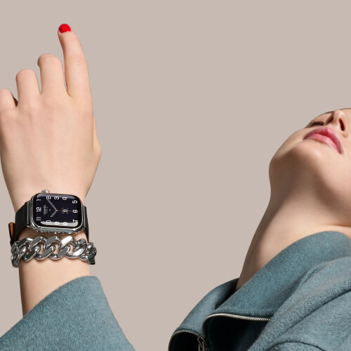 Apple Watch Hermes Series 9 41mm, двойной кожаный ремешок черного цвета с металлической цепью
