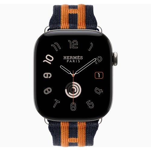 Apple Watch Hermes Series 12 46mm, трикотажный ремешок Rocabar Club сине-оранжевый
