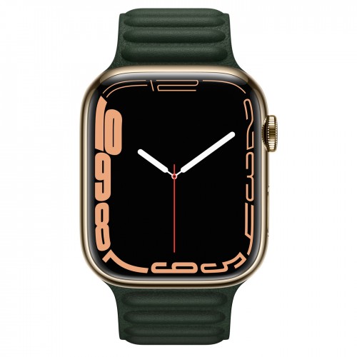 Apple Watch Series 7 45 мм, золотая нержавеющая сталь, браслет из кожи «Зелёная секвойя»