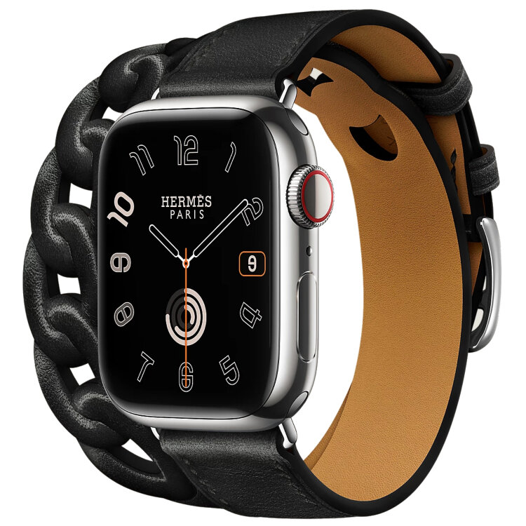 Apple Watch Hermes Series 9 41mm, двойной кожаный ремешок черного цвета с кожаной цепью