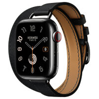 Apple Watch Hermes Series 9 41mm, двойной тонкий кожаный ремешок черного цвета