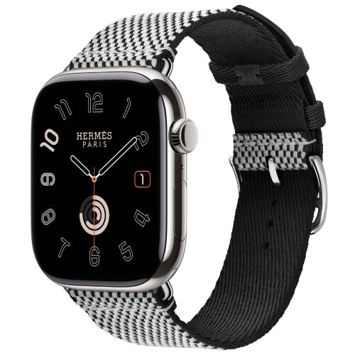 Apple Watch Hermes Series 10 46mm, клетчатый ремешок из плетеного нейлона черный с белым