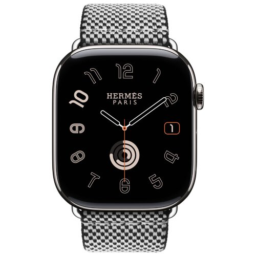 Apple Watch Hermes Series 10 46mm, клетчатый ремешок из плетеного нейлона черный с белым