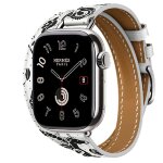 Apple Watch Hermes Series 11 42mm, двойной тонкий белый кожаный ремешок (принт лошади)