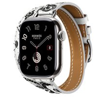 Apple Watch Hermes Series 11 42mm, двойной тонкий кожаный ремешок с лошадью белого цвета