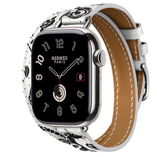Apple Watch Hermes Series 11 42mm, двойной тонкий кожаный ремешок с лошадью белого цвета